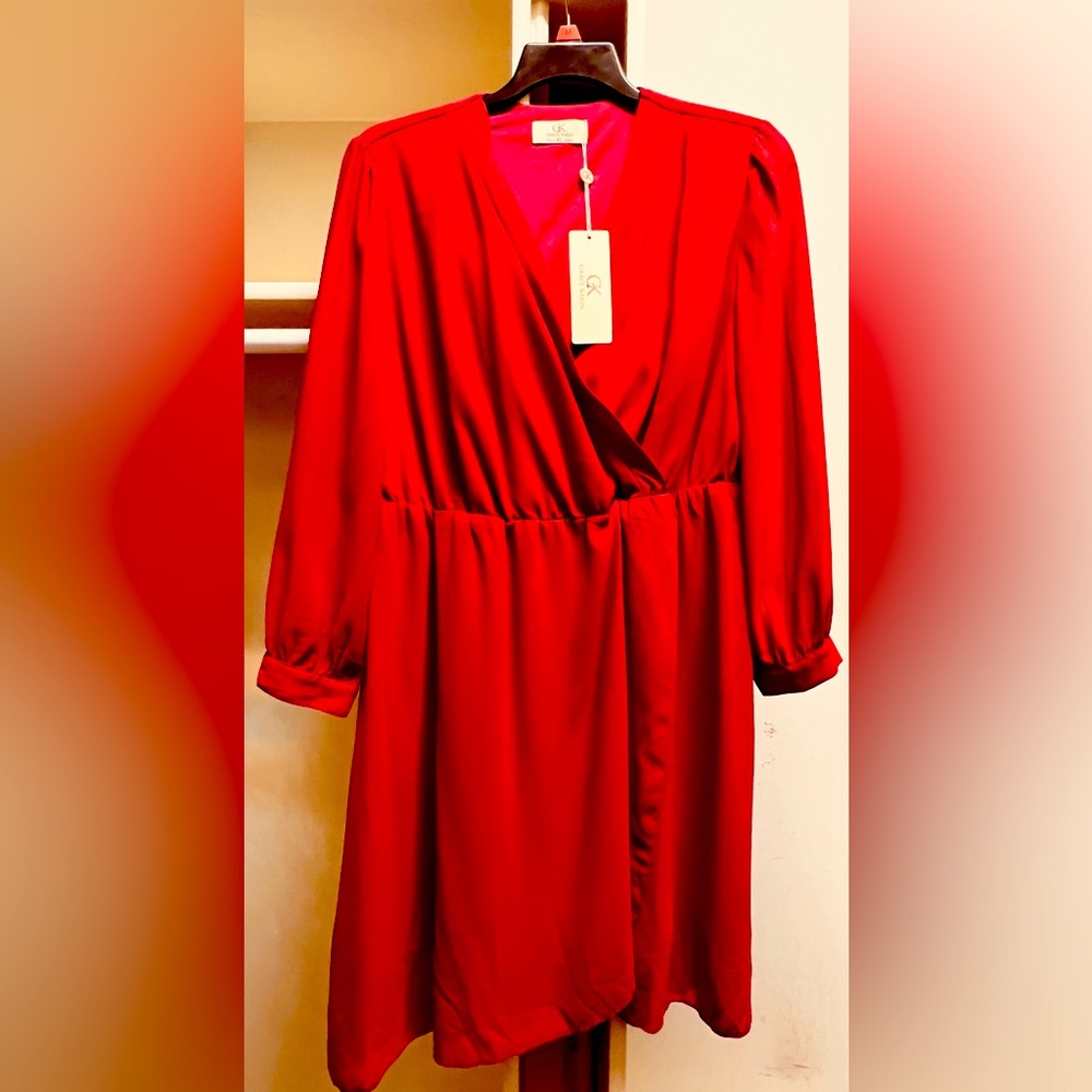 NWT: Red Faux-wrap dress w/see thru sleeves